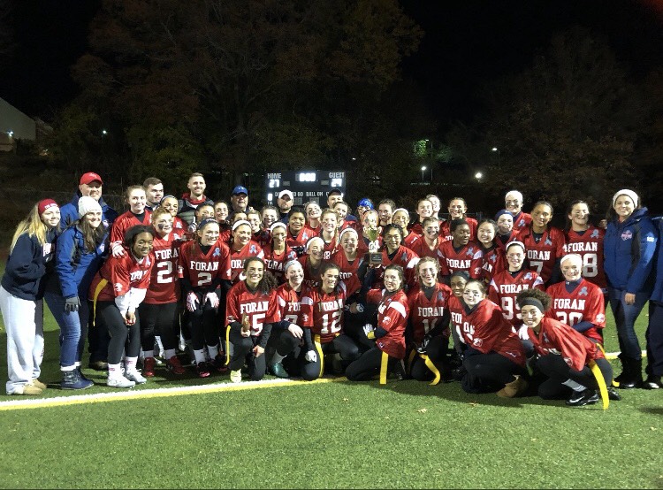 The+2018+PowderPuff+team+after+their+exciting+win+against+Law.+Photo+courtesy+of+Maria+Crocco.