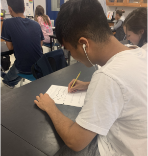 Sean Park listening to music while doing work for AP Physics 1. Photo taken by Malcolm Chavez on October 18, 2019. 