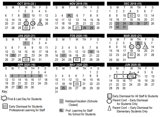 Milford Board of Education 2019-2020 academic calendar. Photo courtesy of Milford Board of Education. 
