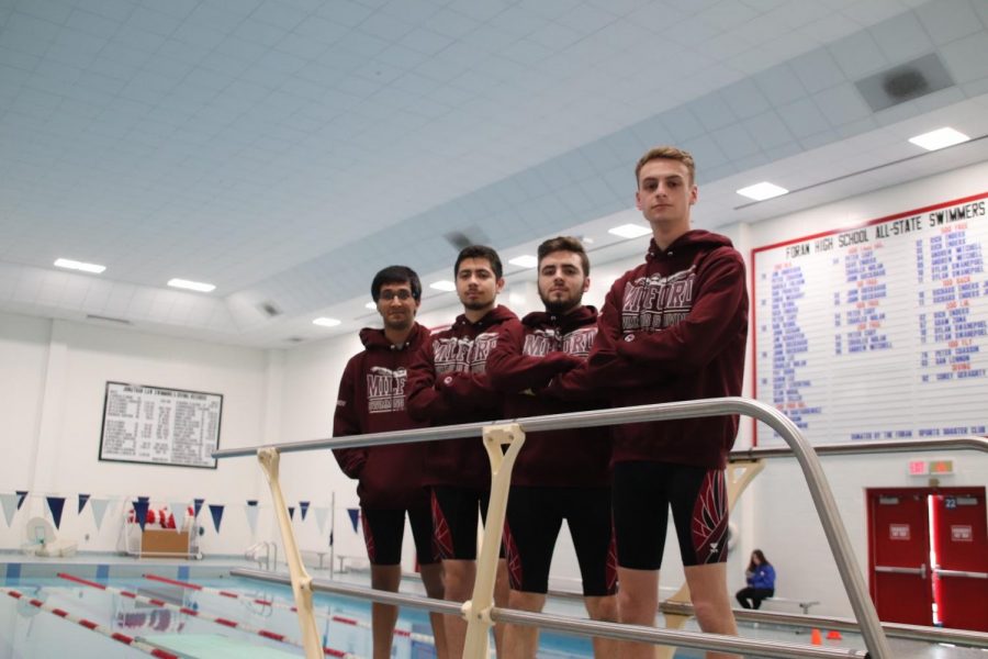  Left to right: Seniors Jay Rajani and Bruno Sequera, from Jonathan Law High School, and seniors Casey Coon and Lucas Burgard from Foran High School. Caption #2: Foran senior captains Casey Coon and Lucas Burgard pose for a photo before their meet against West Haven/Platt Tech. on Tuesday, February 4. 
