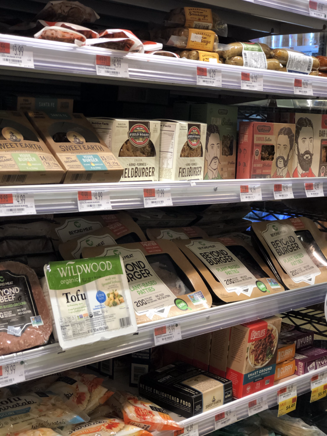 Plant-based section at the local supermarket showing many options that can replace traditional meat.