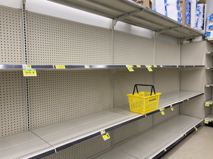 Pictured is the empty shelves at Dollar General located in Milford CT. Amidst this pandemic, local stores have been sold out of items such as toilet paper, as pictured. Many residents are concerned that they will run out of essentials like toilet paper so it has been one of the most common items to sell out in stores. Photo courtesy of Abby Woodward.