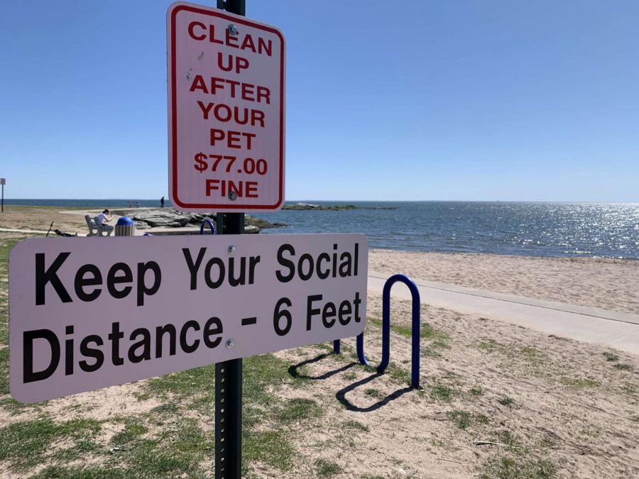 Anchor Beach, located in Milford, has put up signs encouraging social distancing. The sign warns people to keep their distance from others to stop the spread of Covid-19. Photo taken April 6, 2020. Photo courtesy of Kailey Howell. 