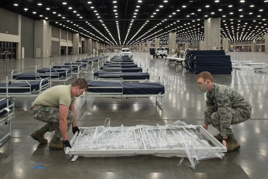 More than 30 members of the Kentucky Air National Guard’s 123rd Civil Engineer Squadron set up hospital beds and clinical space at the Kentucky Fair and Exposition Center in Louisville, Ky., April 13, 2020. Photo courtesy of Dale Greer/Air National Guard.
