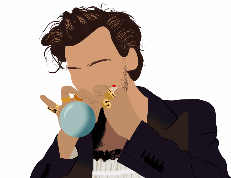 Digital drawing of Harry Styles on the cover of Vogue Magazine’s December issue. Drawn by Mjos Studio Design, November 2020.