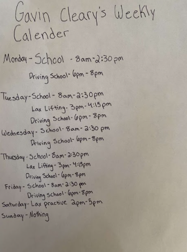 Gavin clearys weekly schedule. Photo courtesy: Gavin Cleary December 10, 2020.