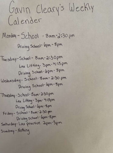 Gavin cleary's weekly schedule. Photo courtesy: Gavin Cleary December 10, 2020.