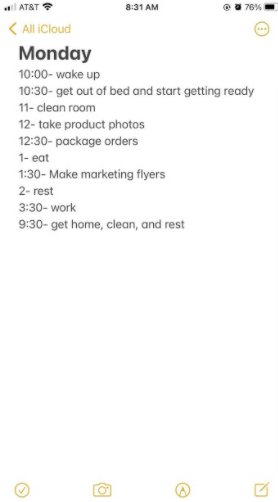 Mivette’s daily schedule she plans for herself. Photo Courtesy: Mivette Garcia February 15, 2021