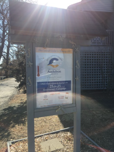 Welcoming Sign: This Connecticut Audubon Society sign is the first thing you see when you walk in advertising that it is their 25th anniversary.  Photo Courtesy: Kailtlyn Dalby, March 20, 2021