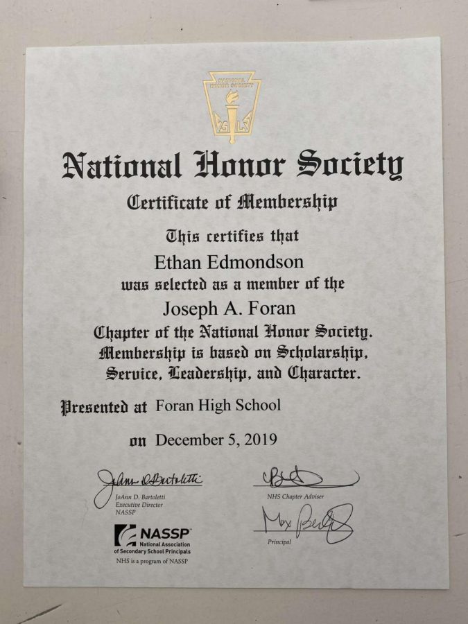 Celebrating Greatness: Senior Ethan Edmondson’s certificate welcoming him into National Honor Society. Photo courtesy: Ethan Edmondson, June 1, 2021.