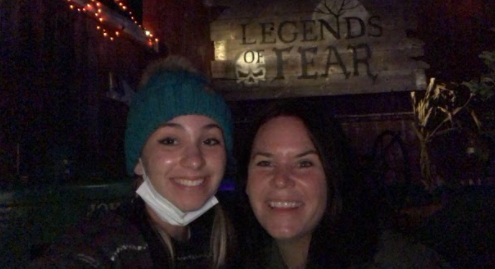 Legends of Fear: Emma Fiorillo poses with her mom at the Legends of Fear sign. Photo Courtesy: Emma Fiorillo, October 9, 2021.