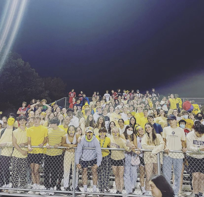 Yellow-Out Themed Football Game: Student section hyping up the football team. Photo Courtesy: Mane Street Mirror, September 17, 2021. 