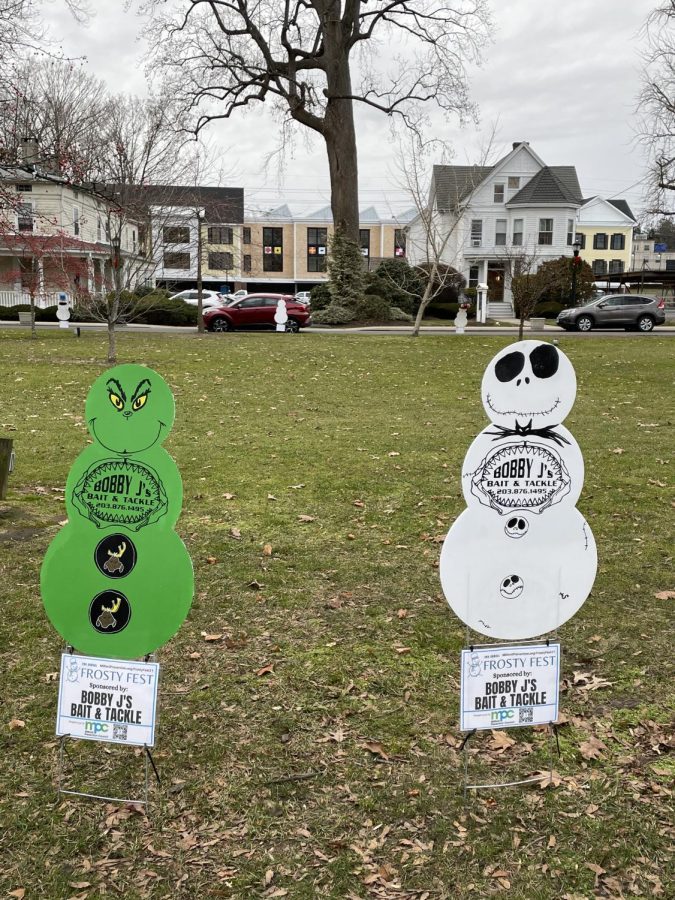 Bobby J’s Bait and Tackle’s Snowmen: Two of their decorated snowmen lined up in the Milford Green for Frosty Fest. 