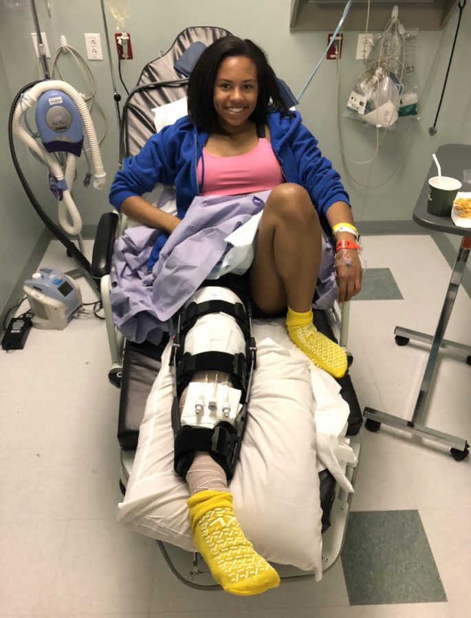 Aftermath of an ACL Surgery: Rylie Bryant post surgery for her ACL injury. Photo Courtesy: Yolanda Bryant, May 8, 2019.