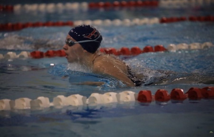 Swimming Away:Emma Fiorillo competing in a meet for Foran Swim, February 8, 2021.