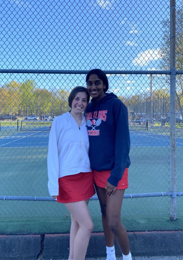 Girls Tennis Senior Captains: Seniors Veda Lakkmraju and Olivia Connelly after leading and cheering their team on, May 11, 2022. 