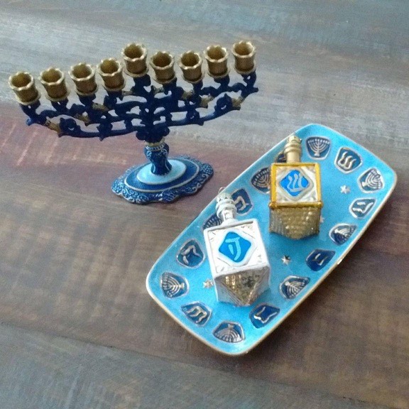 Hanukkah Decorations: A menorah and dreidels, November 13, 2022.