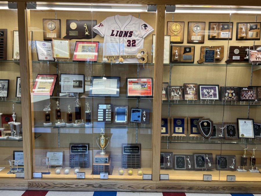 Foran’s Successful History: Foran’s illustrious trophy case by the gym, January 27, 2023.