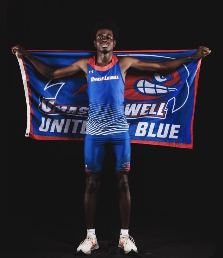 New Threads: Basit Idriss in his new UMass Lowell track suit, September 15, 2022.