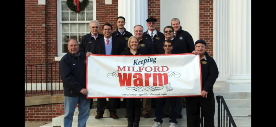 A Charity for the People: Keeping Milford Warm organization poses outside of City Hall with Mayor Ben Blake. November 21, 2023. 