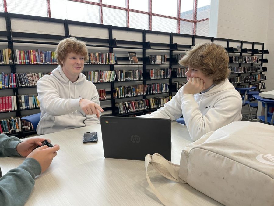 Helping Each Other Out: Freshman Jack Sullivan going over an assignment for English class with Cooper Fitzgerald, January 23, 2023.