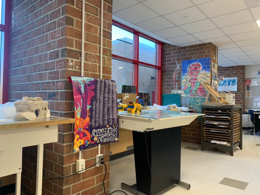 Plude’s Room:  A picture of Ms. Emily Plude’s room displaying various art pieces, March 21, 2023. 