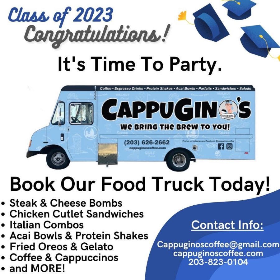 Class of 2023: CappuGino’s flyer with information on booking their food truck for upcoming events, April, 12, 2023. 