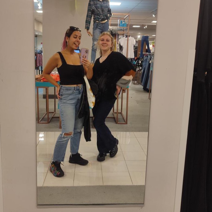 Shopping at Macy’s: Anna Drozdova poses with Shea at the mall as they go fall shopping. October 12, 2023.