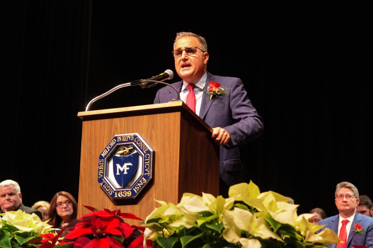 Newly-elected Milford Mayor Anthony Giannattasio speaks at his inauguration. November 20, 2023.