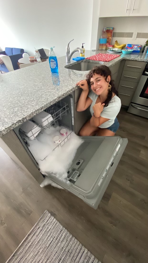 Dishwasher Mishap!: Venice Montanaro after her first time using the dishwasher inside her dorm…she learned for next time! 