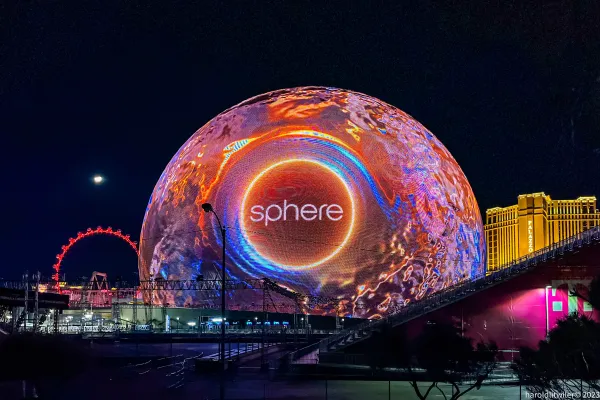 Revolutionary Technology: The Las Vegas Sphere lit up in the night.
