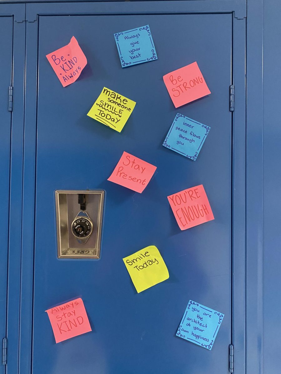 Sweet Sticky Notes: Examples of positive sticky notes across lockers around Foran, December 12, 23. 