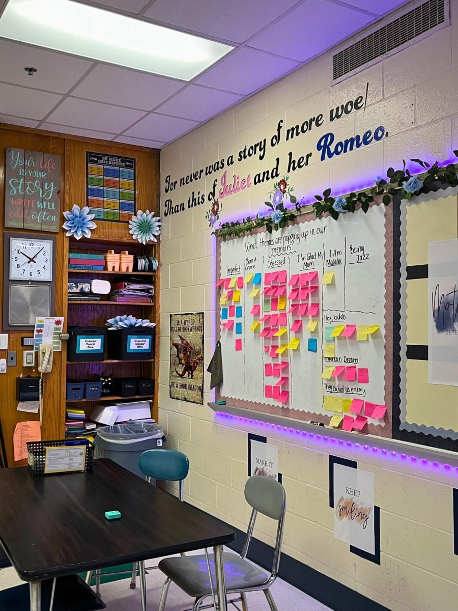 Colorful sticky notes fill the boards in English teacher Chelsea Greens classroom. A quote from the book Romeo and Juliet placed on the wall. These colors and quotes add a bright and interesting aspect to Greens room.