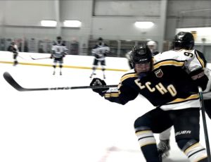 New threads and style: Clippers 18U (ECHO) player in action at the Wonderland of Ice battling for the puck. October 20, 2024. Photo courtesy: Eric Kerzner