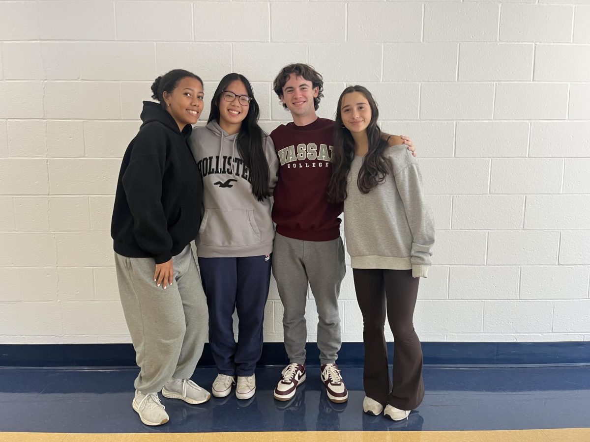 The class presidents gathering for a photo.  Far left Lena Pangu, freshman, middle left Thao Pham, junior, middle right Connor Rizzo, senior, Far right Valentina Palisi, sophomore, 10/14/24. Photo courtesy: Eloise Mackell