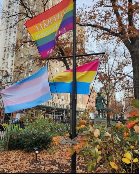 Decorated Stonewall National Monument: The monument was adorned with the Stonewall Rainbow flag, transgender flag (light blue, light pink, and white), and the pansexual flag (pink, yellow, and cyan). Photo was uploaded in celebration of Pansexual and Panromantic Pride Day. December 8, 2022. Photo courtesy: Stonewallnps