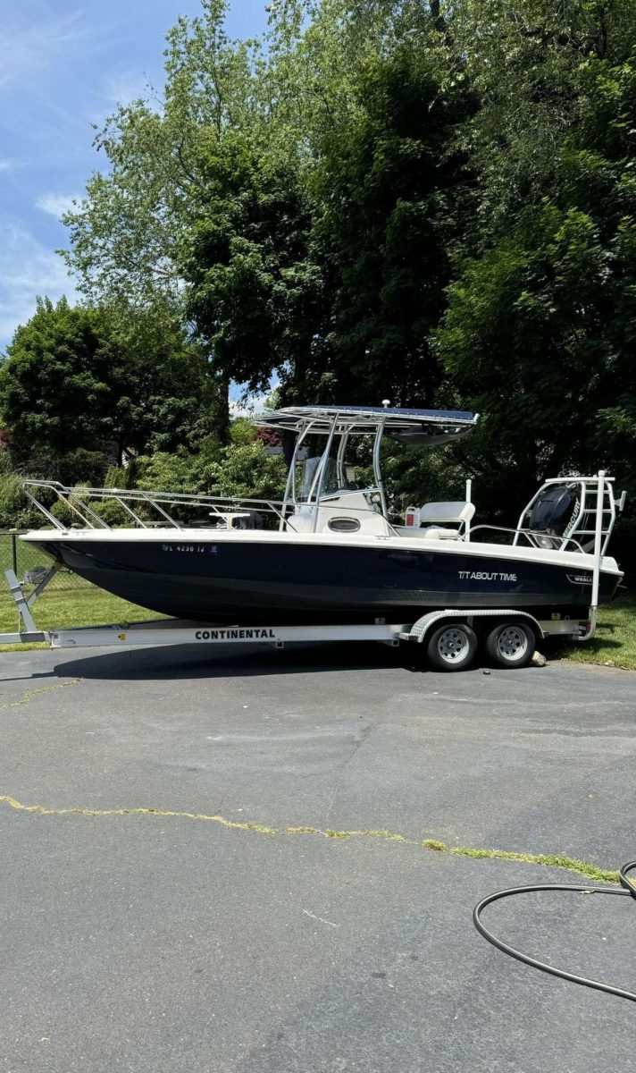 Boston Whaler 230 Dauntless: The dark blue vessel parked. July 2, 2024. Photo courtesy: Eric Kerzner