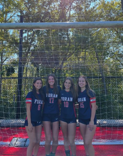 On and Off the Field: Girls’ soccer captains Dani Boutote, Brooke Oliver, Allison Ryan, and Sophie Sinisgalli pose for a photo on Picture Day. September 3, 2025. Photo Courtesy: Foran Girls’ Soccer Instagram.