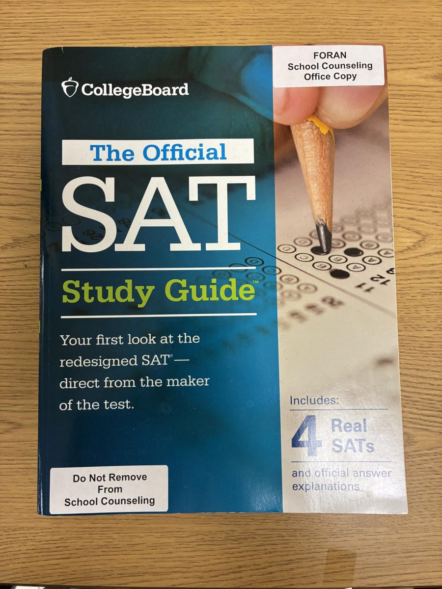 SAT Prep Book: SAT prep book from the counseling office in Foran High School. October 2025. Photo courtesy: Tyler McTigue.