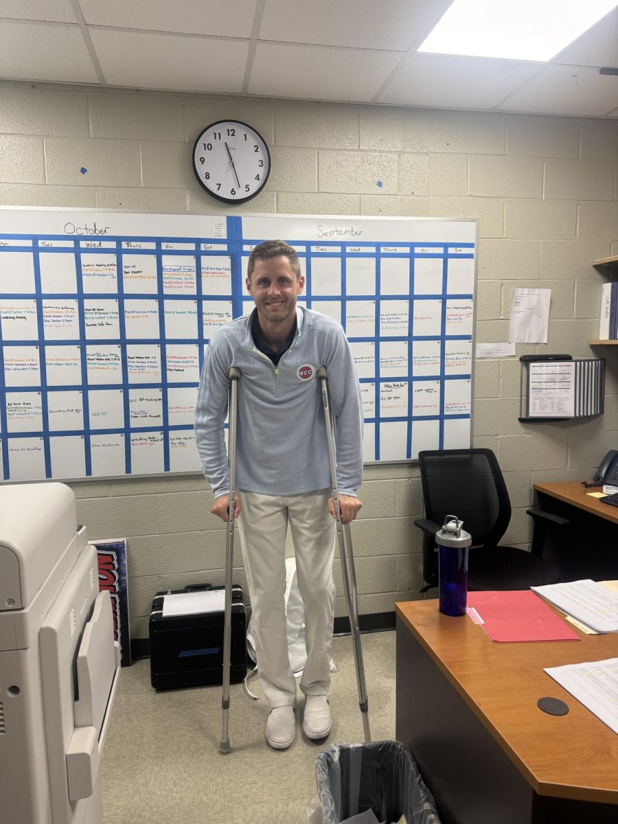 One Step at a Time: Jeffery Raucci, athletic director, posing after undergoing surgery. September 10, 2025 Photo Courtesy: Averi Ferris.