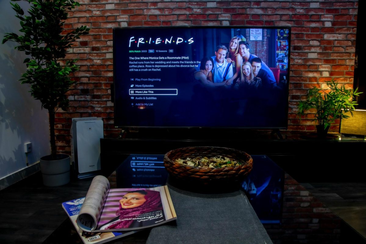 Binging: Two individuals watching Friends on their television, February 14, 2021. Photo courtesy: Mahrous Houses.