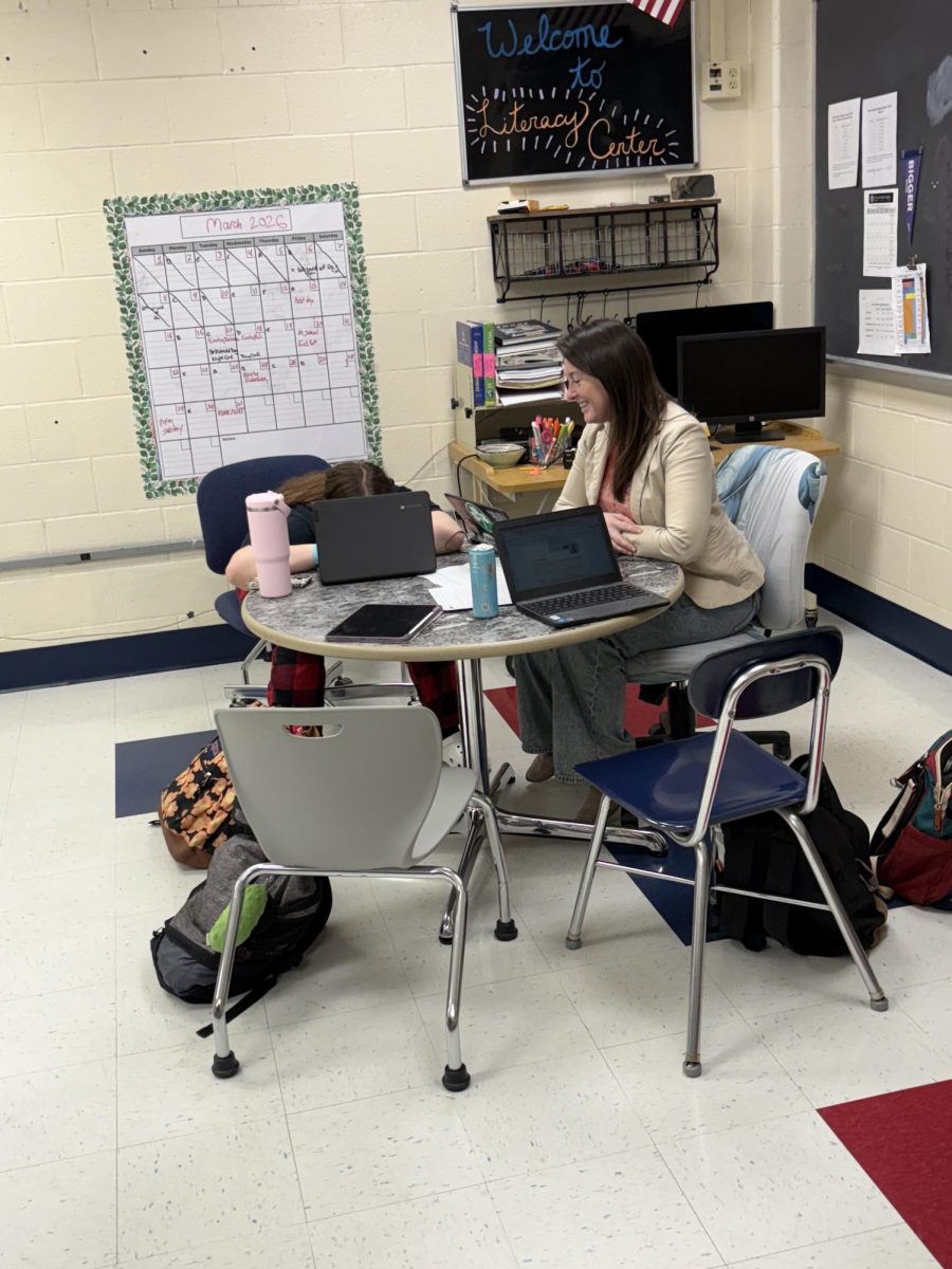 In Action: Worcester-Juran helping students in the literacy center, March 13, 2026. Photo courtesy: Tino Scaranuzzo.